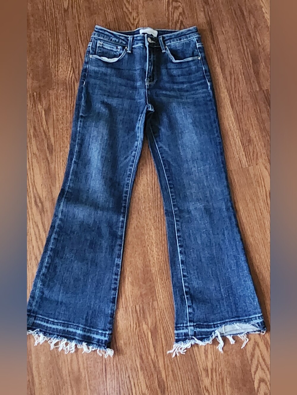 Women's Dark Blue Flared Jeans with Frayed Hem